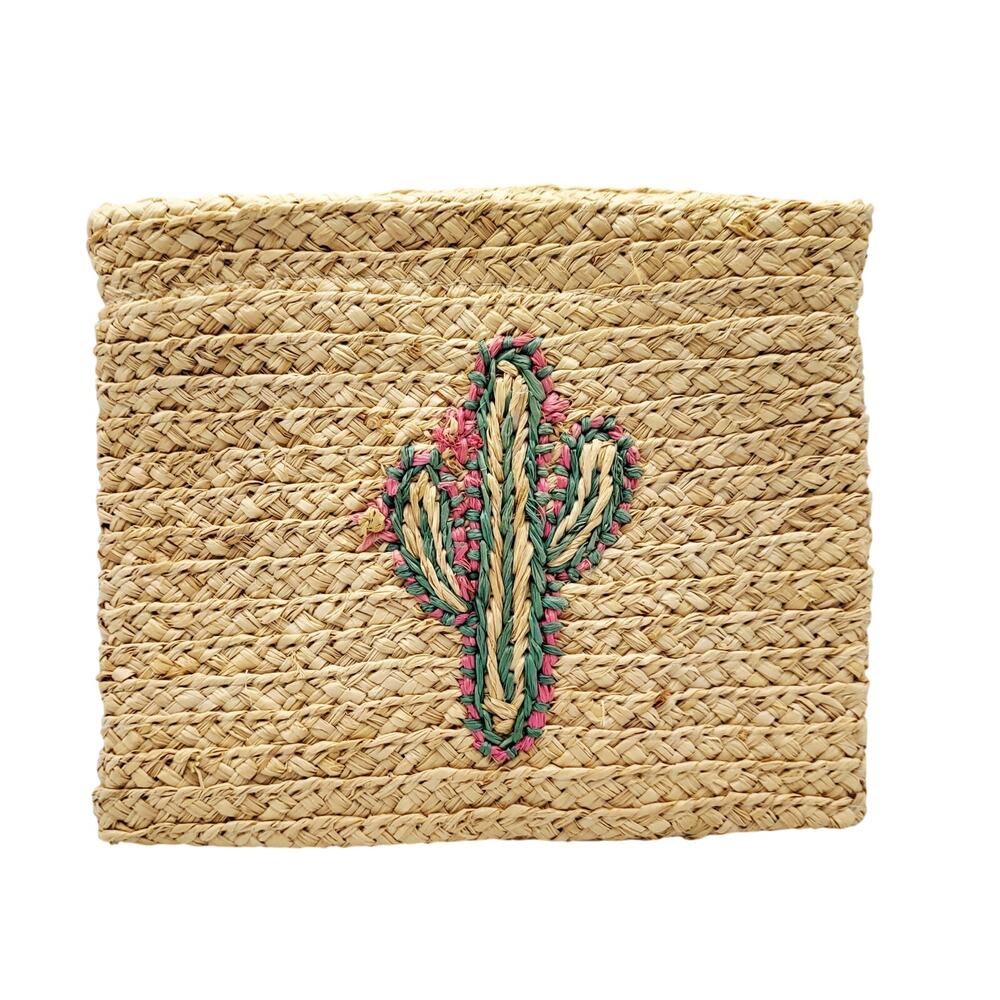NWT buji baja Whimsical Cactus Straw Clutch Magnetic Closurel Tan Green Pink